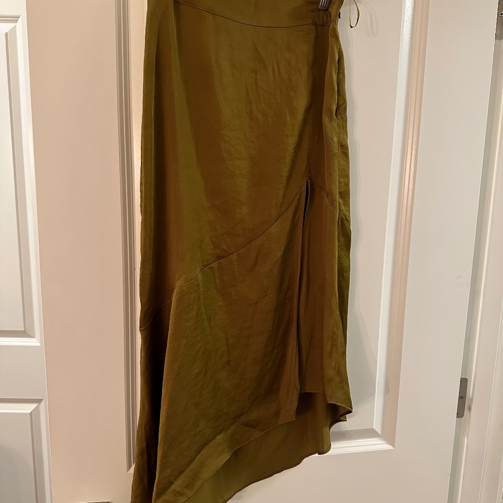 Olive green Free People satin maxi asymmetrical skirt in size 0